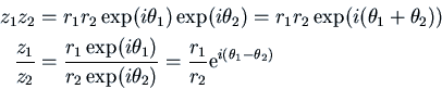 \begin{displaymath} \vcenter{\openup.7ex\mathsurround=0pt
\ialign{\strut\hfil...
...= \frac{r_1}{r_2} {\rm e}^{i(\theta_1 - \theta_2)}\cr\crcr}}  \end{displaymath}