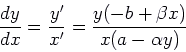 \begin{displaymath}
\frac{dy}{dx} = \frac{y'}{x'} = \frac{y (-b + \beta x)}{x (a - \alpha y)}
\end{displaymath}